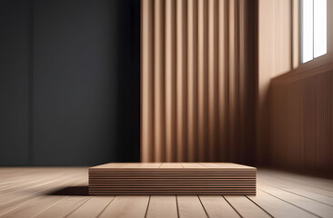 Wooden podium in a 3d room in a minimalist style with light from the window and wooden finishes. Pedestal for advertising in a minimalist style.