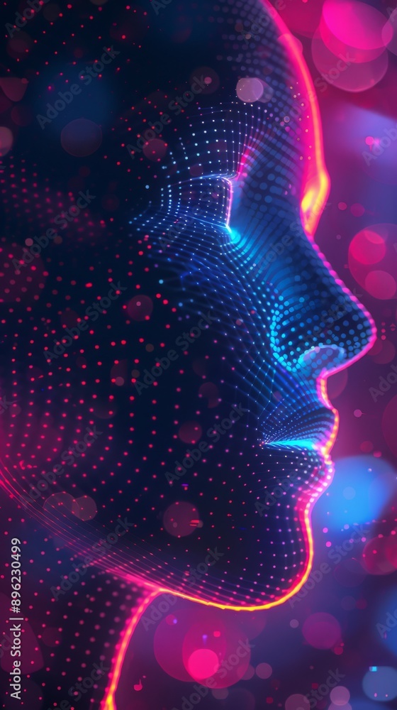 Poster side profile of a digital human face with vibrant neon dots and lines. futuristic concept of ai.