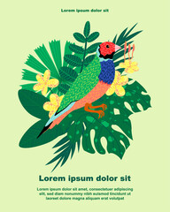 Illustration of a botanical background featuring a tropical bird and various tropical leaves and flowers, with a text placeholder. Ideal for social media posts, mobile apps, banner design, and web