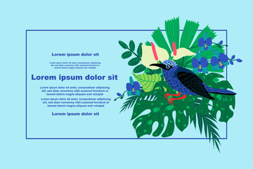 Illustration of botanical background featuring a frame with various tropical leaves and flowers, with a text placeholder. Ideal for social media posts, mobile apps, banner design, and web. Hand-drawn