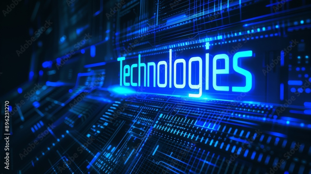 Poster Glowing blue 'Technologies' sign with digital circuit background, representing modern tech and innovation. Perfect for high-tech and futuristic themes.