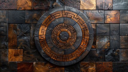 Obraz premium Intricate circular design on a wall made of square wooden tiles in black and brown tones. Perfect for architectural elements, interior design, and creative backgrounds.