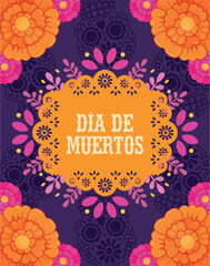 cartel día de muertos México, papel picado anaranjado adornado con flores de cempasúchil en fondo morado con calaveritas