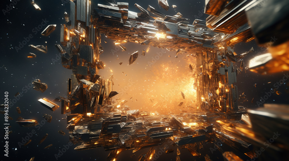 Poster abstract explosion in space with rocks and stones burst in flame, sci-fi and technology background