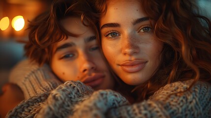 Obraz premium A realistic photograph, 8K resolution, shot on professional DSLR camera, tack-sharp focus, exquisite detail, high dynamic range,A warm scene of best friends hugging at home, showcasing love 