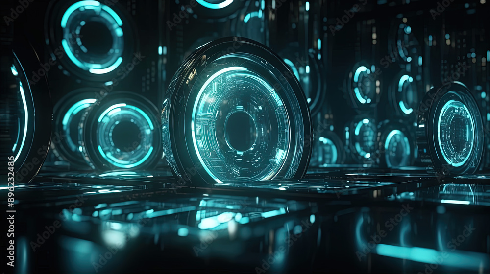 Aufkleber technology abstract background with hud styled round interface elements in neon tech light.