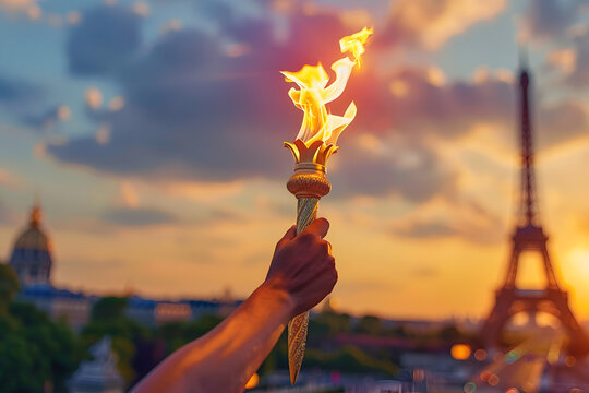 Human hand holding torch with flame in France. Olympics Games Fire. Opening ceremony. Summer Olympic Games in France. Sports game victory symbol. Banner or card with copy space