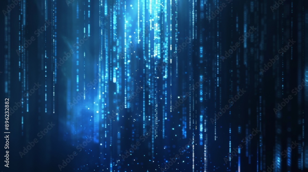 Poster Colorful digital light particles and lines on a dark background representing data flow. Futuristic technology and AI concept.