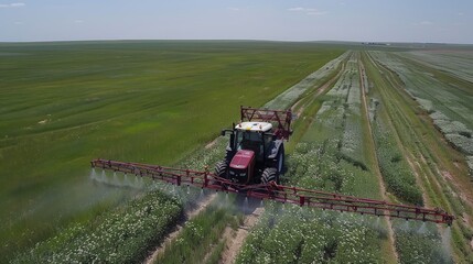 Fototapeta premium Tractor Spraying Herbicides in Forested Farm Area. Farmland