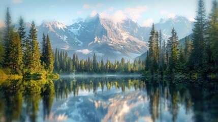 A serene mountain lake reflecting the snow-capped peaks and a lush forest.