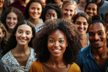 Obraz premium A group of multiethnic people smiling and looking at the camera in a crowd.