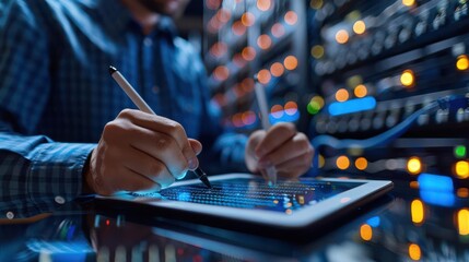A technician working on a tablet in a server room. The lights of the servers create a colorful backdrop.  The image represents technology and data.