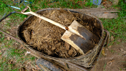 A wheelbarrow filled with compost and a shovel, ideal for gardening and landscaping projects.