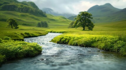 A tranquil stream winds through a lush green valley, surrounded by rolling hills and a lone tree.