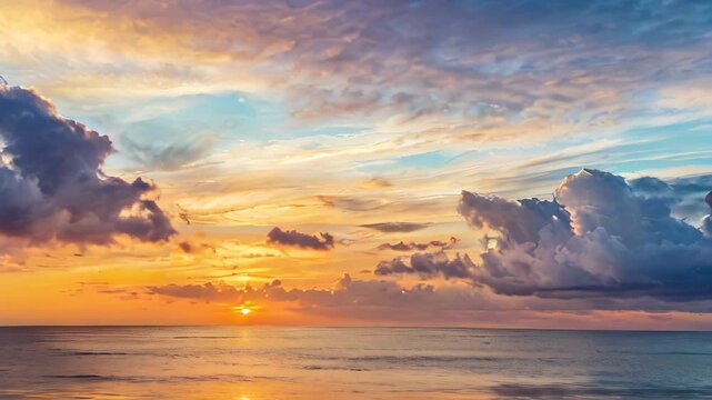 Dramatic sunset evening sky. Fluffy clouds, summer skies, cloudy background. Aerial nature sunrise over the tranquill sea
