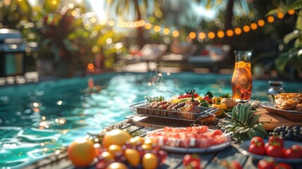 A vibrant poolside party scene with a spread of food and drinks, perfect for summer celebrations and gatherings.