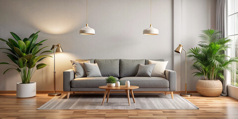 Minimalist styled living room with sleek grey sofa placed on a light toned hardwood floor surrounded by floor lamps and decorative plants.
