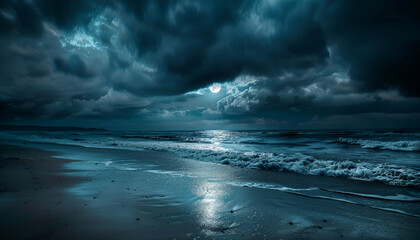 moon reflects off the dark ominous clouds overhead creating an otherworldly aura over the unsettling beach at night