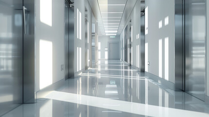 Fototapeta premium Interior of a modern office corridor in shades of gray, with doors leading to different offices. Sunlight coming through the windows. 