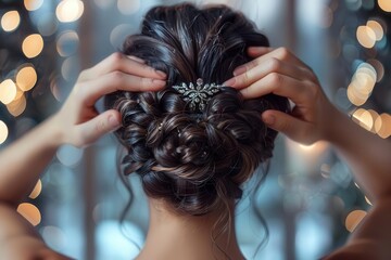 A woman with dark hair fixes a sparkling hair pin in her elaborate updo.  The backdrop is a soft blur of lights.