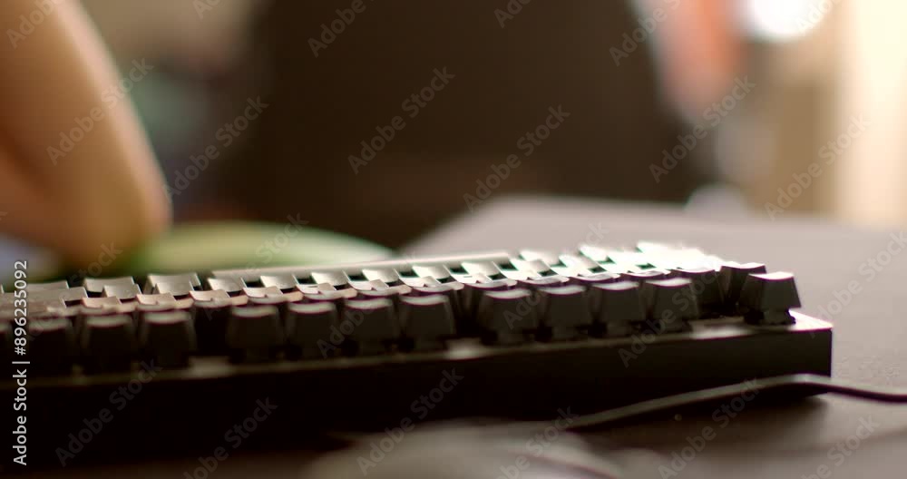Poster a closeup image focusing on hands typing on a computer keyboard, suited for tech, learning, and game