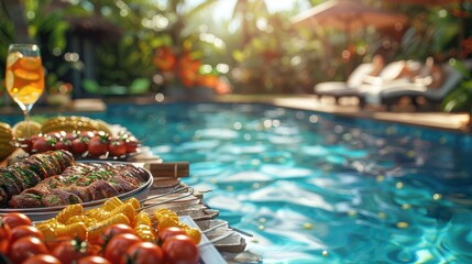 A refreshing summer poolside scene with grilled food, a drink, and sunbathers in the background.