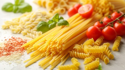 Arrange various types of pasta and fresh ingredients like tomatoes and basil on a clean white surface