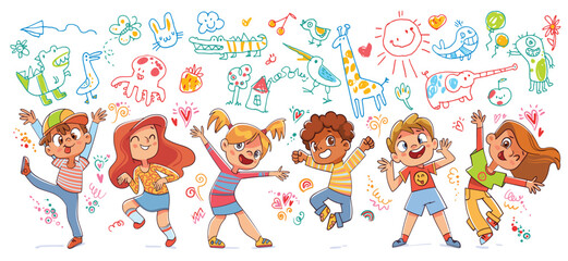 Children painting freehand doodles with crayon. Kids draw on the wall. Children joyfully jumping, dancing and grimace at camera. Art education in elementary school. Funny cartoon character
