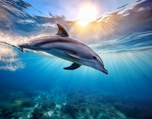 Obraz premium Delfin und Sonnenstrahlen unter Wasser - Natürliche Schönheit 