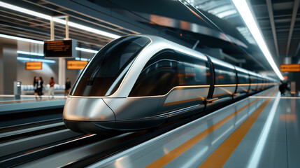 Fototapeta premium A modern high-speed train at an illuminated station platform with passengers in the background.