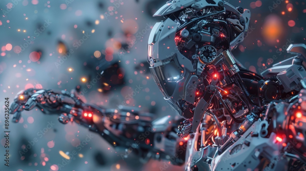 Poster futuristic robot with intricate details, glowing red lights, and a complex mechanical structure, set