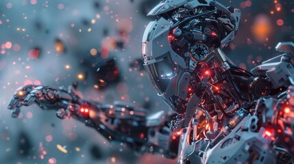 Fototapeta premium Futuristic robot with intricate details, glowing red lights, and a complex mechanical structure, set against a background of floating debris