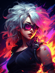Woman with white hair and sunglasses in a neon Sci-Fi setting. Close-up of young bright blonde girl on neon background in anime style.