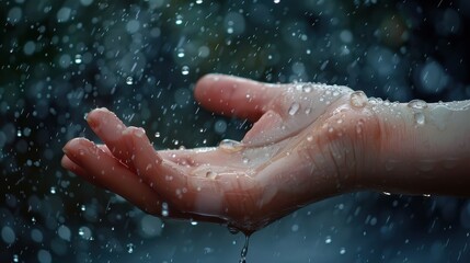 Fototapeta premium Human hand catching raindrops, with a focus on the water droplets on the skin and the rain falling in the background