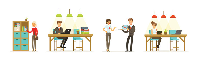 Man and Woman Freelancer at Coworking Space Vector Set