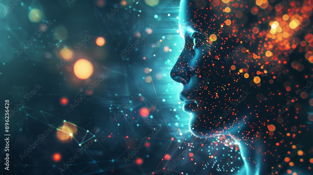 Poster Digital profile of a human face with glowing dots. Concept of AI and technology.
