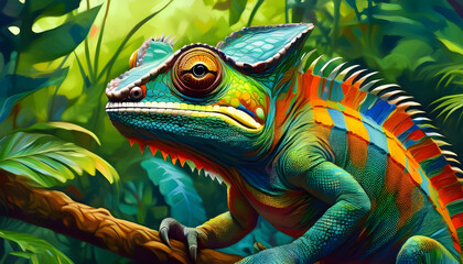 Obraz premium Portrait, a Chameleon in a rainforest, vibrant colours, 3D, acrylic paintin