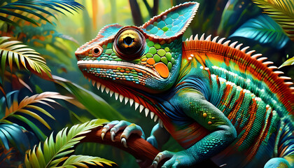 Fototapeta premium Portrait, a Chameleon in a rainforest, vibrant colours, 3D, acrylic painting