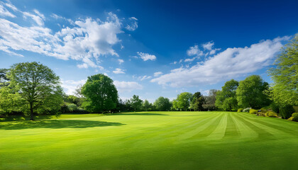 Vibrant spring nature backdrop with a pristine, neatly trimmed lawn and lush trees under