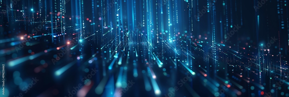 Poster Abstract digital data stream background with blue and red binary code lights. Futuristic technology and data transmission concept.