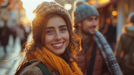 Obraz premium A realistic photograph, 8K resolution, shot on professional DSLR camera, tack-sharp focus, exquisite detail, high dynamic range,A bright image of friends walking together at a cafe, smiling 