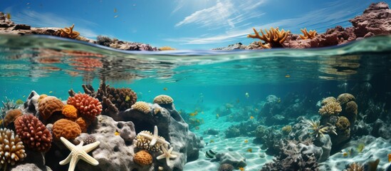 Starfish on coral reef. panoramic sea natural landscape snorkeling
