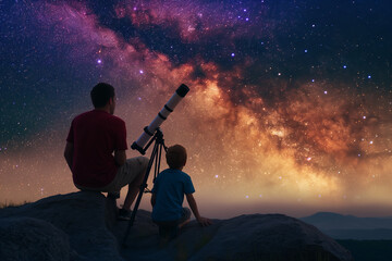 Father and Son Stargazing Under the Milky Way.