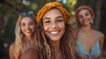 Fototapeta premium A realistic photograph, 8K resolution, shot on professional DSLR camera, tack-sharp focus, exquisite detail, high dynamic range,A cheerful photo of friends taking selfies in a park, showing 