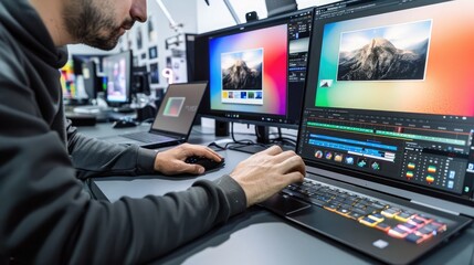 A technician calibrating and testing the displays of laptops and monitors to ensure accurate color reproduction and clarity.