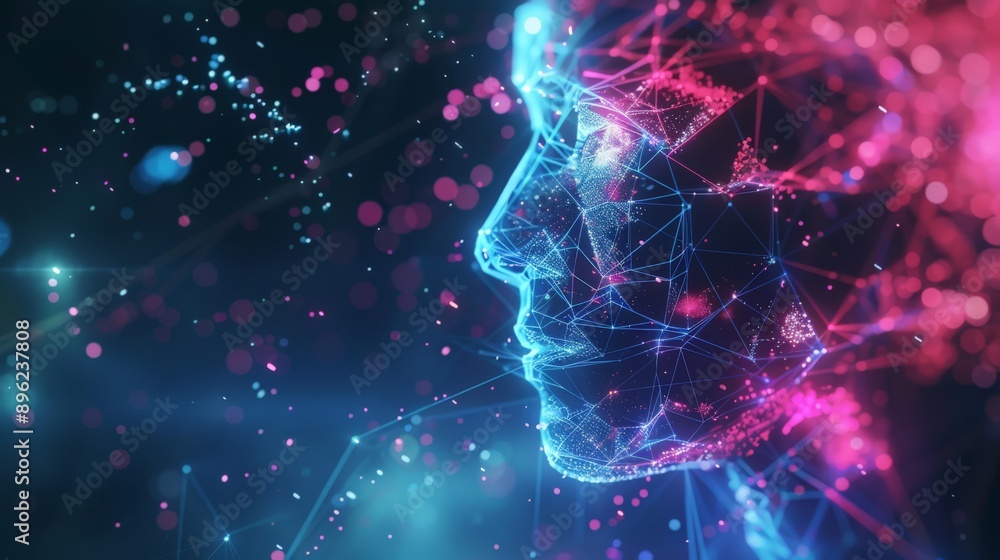 Poster digital face profile with pink and blue light patterns on a dark background. ai technology and futur