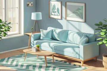 A cozy living room with a blue couch and a table