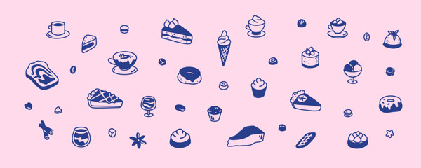 Cute line doodle dessert set. Cakes, apple and lemon pie, croissant, tiramisu, cookies, tartlets in sketch style. Bakery, cafe, coffeeshop, confectionery and patisserie design elements