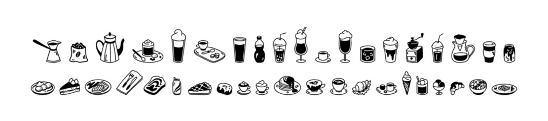 Cute line coffee shop design elements. Minimalist breakfast, lunch, dessert aesthetic. Restaurant menu minimal icons. Cups glasses, mugs of hot drinks. Coffee, tea, espresso, latte, mocha, matcha