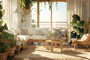 Cozy Living Room with Rattan Furniture and Tropical Plants.